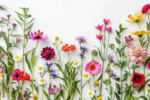 Assorted vibrant flowers arranged on white background. colorful flowers meticulously arranged on a white backdrop displaying a brilliant spectrum of colors and showcasing a variety of species