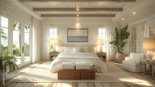 Bedroom - Beach house - wrm white with stained wood trim - meticulous symmetry - coastal design - casual flair - windows photo