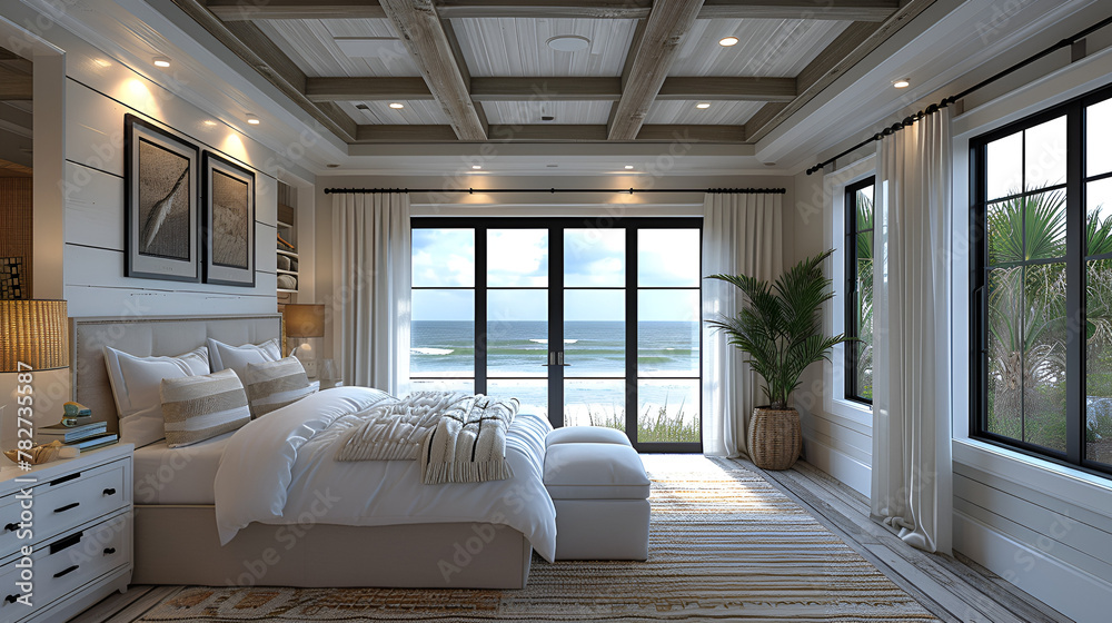Bedroom - Beach house - wrm white with stained wood trim - meticulous symmetry - coastal design - casual flair - windows - obrazy, fototapety, plakaty 