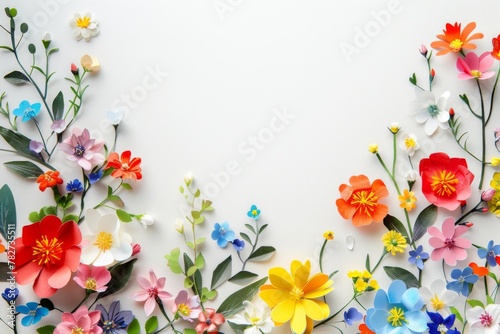 Assorted vibrant flowers arranged on white background. colorful flowers meticulously arranged on a white backdrop displaying a brilliant spectrum of colors and showcasing a variety of species