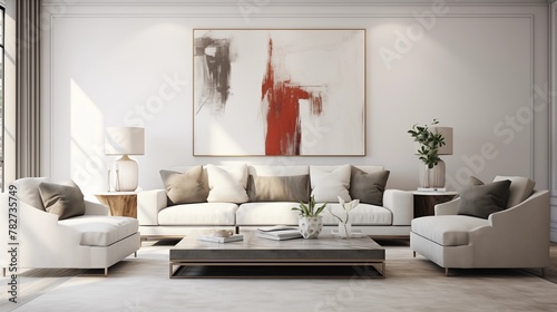 A trendy modern living room featuring a cozy sofa adorned with stylish throw pillows, set against a blank wall ready for personalization with artwork or decor.