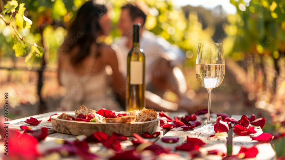 Obraz premium A trail of rose petals leads to a secret picnic spot a the picturesque vineyards where a couple share a bottle of wine and sweet nothings. . .
