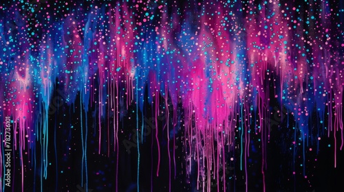 Vibrant pink and blue droplets cascade down a black background resembling an electrifying waterfall. photo