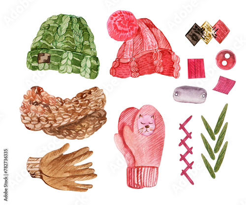 set of knitted hats, scarves and mittens in green, red and brown, hand-knitted and embroidered elements. Illustrations in watercolor, hand-drawn, suitable for the design of logos, tags, magazines