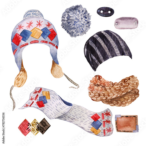 Watercolor set of winter hats, scarves and elements for hand-knitting-pompom,button and emblem.Illustrations are drawn in watercolor by hand,for the design of logos,magazines,stickers,photo background