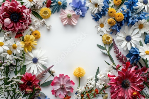Assorted vibrant flowers arranged on white background. colorful flowers meticulously arranged on a white backdrop displaying a brilliant spectrum of colors and showcasing a variety of species © MiniMaxi