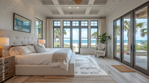 Bedroom - Beach house - wrm white with stained wood trim - meticulous symmetry - coastal design - casual flair - windows