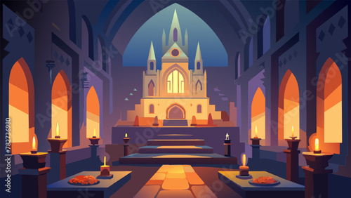 Inside a dimly lit cathedral the flickering candlelight illuminates the intricate altars that have been erected to honor the souls of the