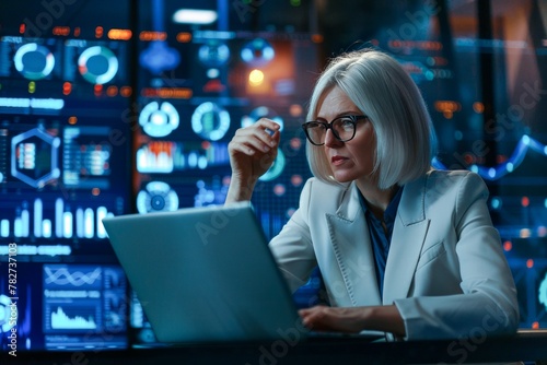 Senior Cybersecurity Expert Analyzing Data on Multiple Screens at Night