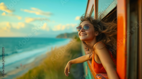 young girl traveling by train, she looks out the window watching the landscape, full of energy and curiosity