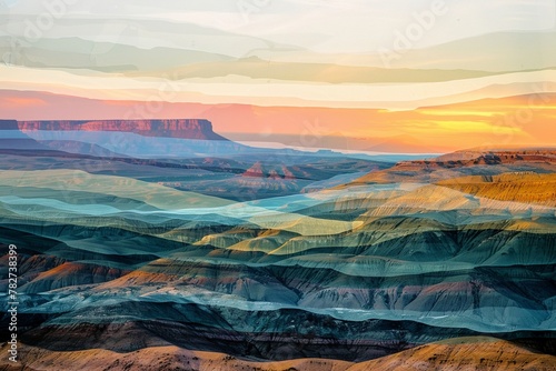 Layered oil shale formations, contrasting colors, late afternoon light, side shot, exclusive to Adobe , double exposure