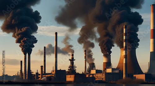 Chemical industries releasing toxic smokes into the air and causing serious pollution of the earth. Environmental destruction increasing climate change and global warming, dull and dusky, pollution photo