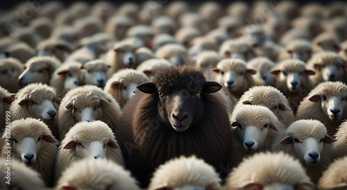 A black sheep among a flock of white sheep, raising head, Concept of standing out from the crowd, of being different and unique with its own identity, concept image, wool