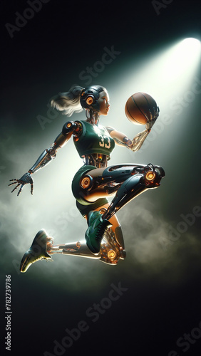 A woman in a green suit is jumping in the air with a basketball. The image has a futuristic and sci-fi vibe to it