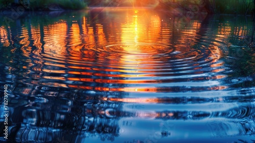 Ripples and distortions of light reflected on the surface of a lake at sunset