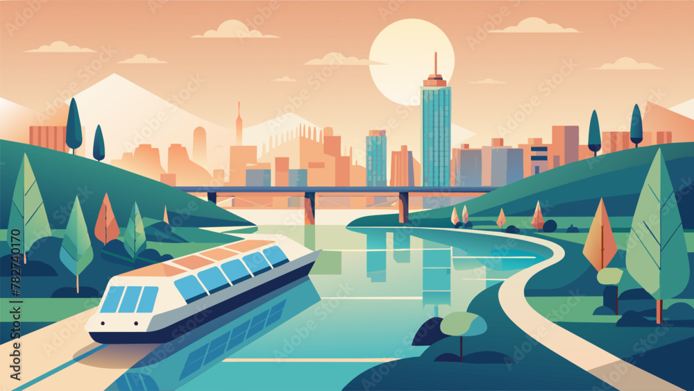 Fototapeta premium Even the waterways in this ecofriendly city are utilized for transportation with solarpowered ferries offering a scenic and sustainable way to