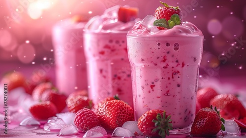 Berryinfused strawberry milkshakes with ice and fresh fruit on table photo