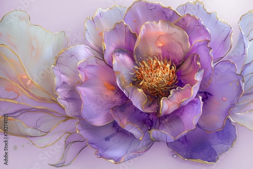 Pale gold and purple peony flowers background. Alcohol ink painting of a beautiful blooming flowers. Modern liquid art. 