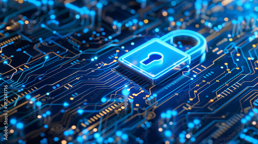 A futuristic digital padlock surrounded by virtual annotations on an electronic circuit board, Generative AI A futuristic digital padlock surrounded by virtual annotations on an electronic circuit board, Generative AI