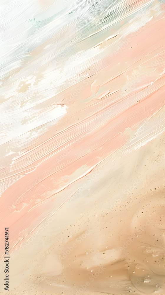 Fototapeta premium A painting of a beach with a pink and white background. The painting is full of brush strokes and has a very abstract feel to it. The colors are bright and cheerful