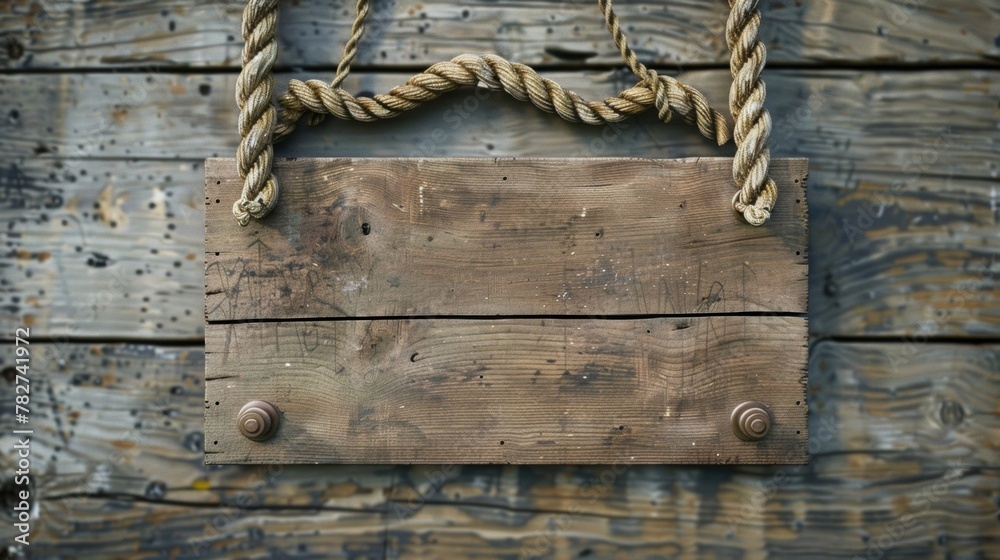 Blank mockup of a rustic pier sign with a distressed wood background and rope detailing. . - obrazy, fototapety, plakaty 