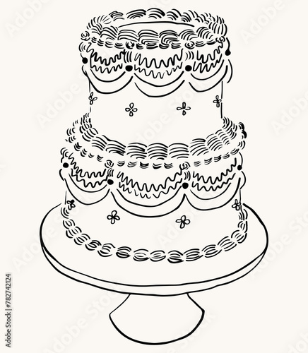 Ilustración vectorial de pastel de bodas. Pastel dibujado a mano para invitaciones, guarda la fecha, papelería. Arte en líneas de pastel de bodas. Boceto de torta