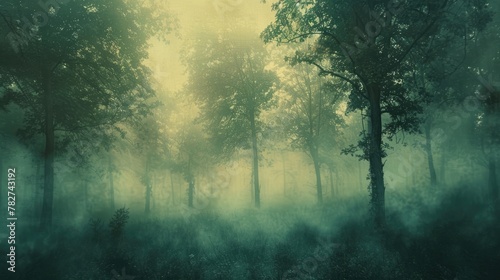 Soft focus forest scene with trees misty background photo