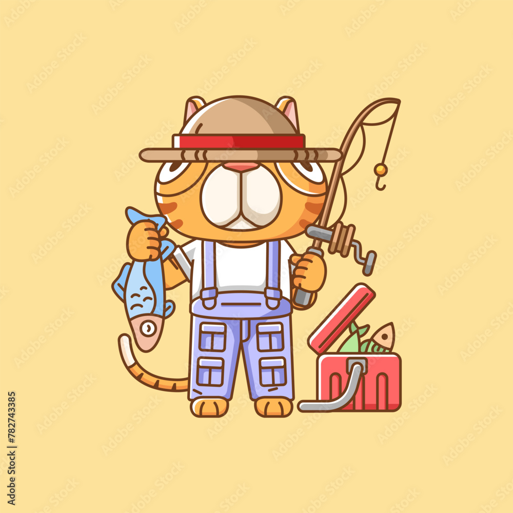 Cute cat fisher fishing animal chibi character mascot icon flat line art style illustration concept cartoon