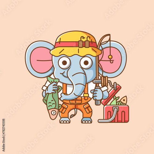 Cute elephant fisher fishing animal chibi character mascot icon flat line art style illustration concept cartoon