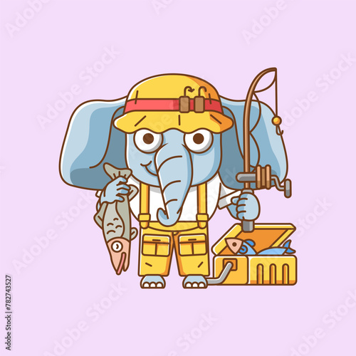 Cute elephant fisher fishing animal chibi character mascot icon flat line art style illustration concept cartoon
