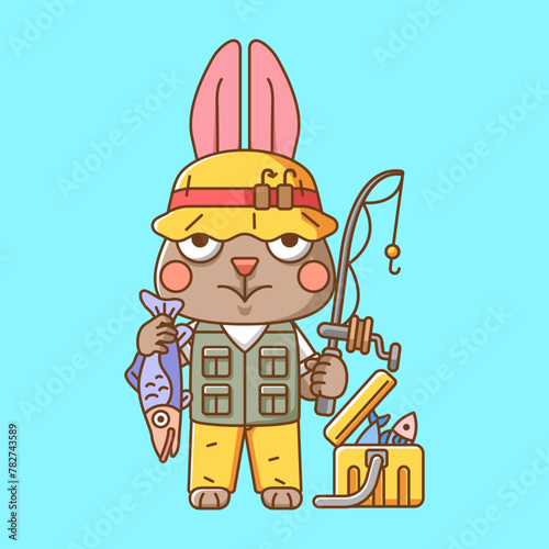 Cute rabbit fisher fishing animal chibi character mascot icon flat line art style illustration concept cartoon