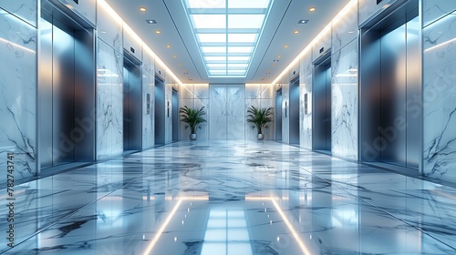 Azure building hallway with multiple electric blue glass elevators photo