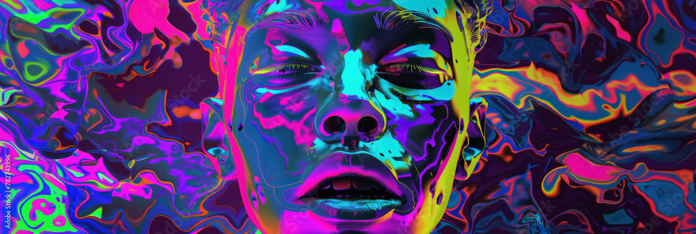 Face with neon psychedelic colors and fluid patterns swirling around it.