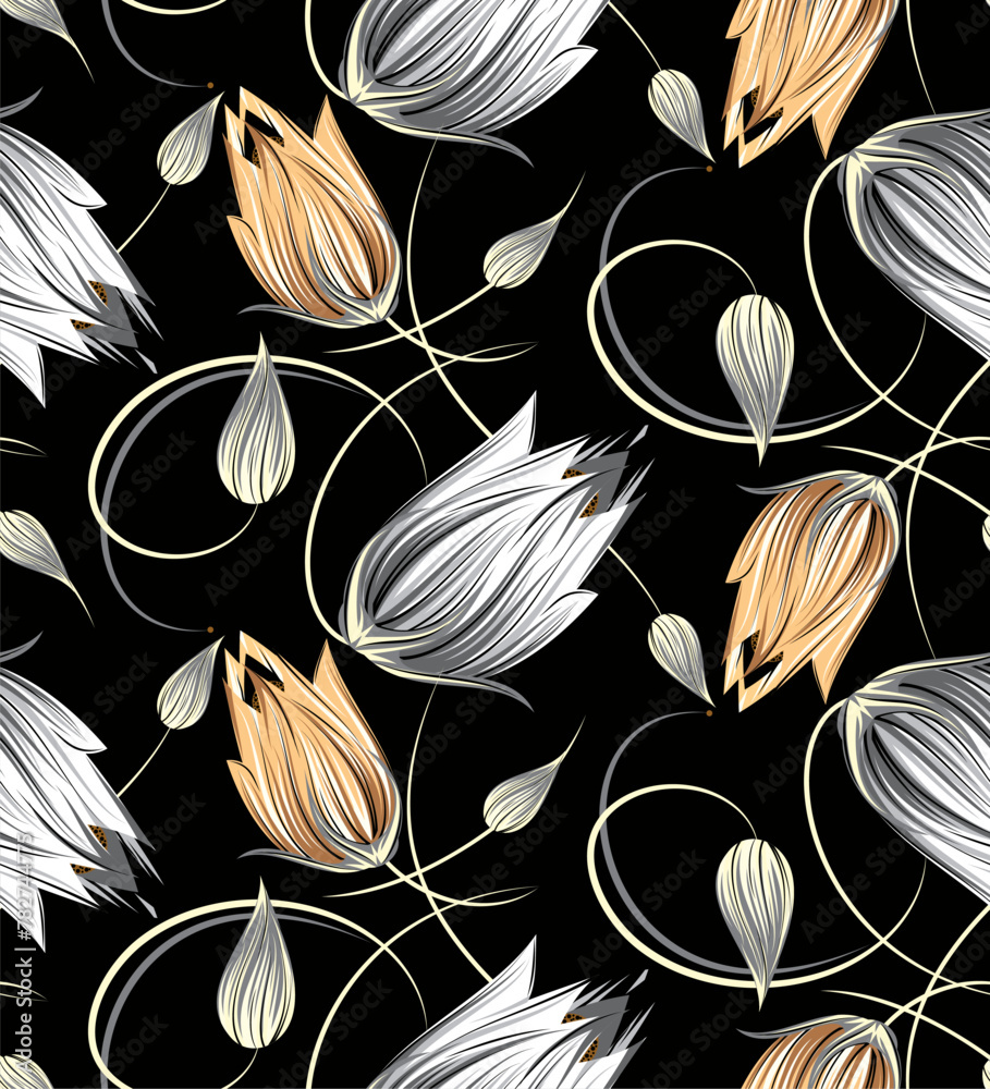 Fototapeta premium Seamless tulip flower pattern on black background