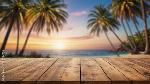 Empty wooden table top with bokeh lights on blur palm trees in the beach background