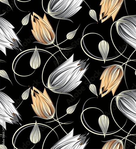 Seamless tulip flower pattern on black background