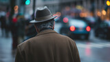 Back of a man wearing a hat and coat as he walks down a bustling city street, lights blurring ahead.
