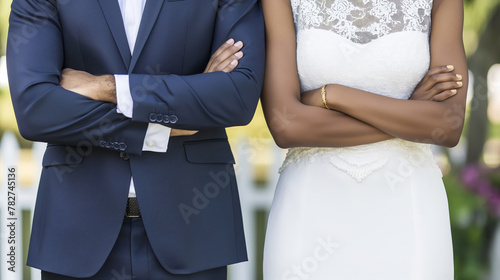 Bride and groom standing side by side, arms folded, showcasing their wedding attire.