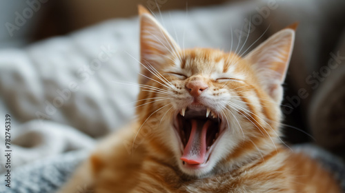 Adorable ginger kitten mid-yawn, comfortably nestled on a plush, soft bed