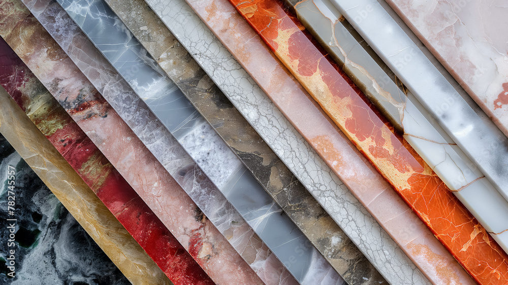 Colorful marble samples arranged in a row, displaying diverse patterns and textures of the luxurious stone.