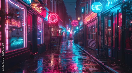 Vivid neon lights glowing in the night urban streets