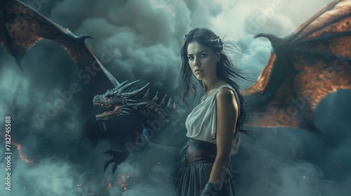 fantasy female caucasian warrior wearing normal clothes dark hair surrounded by smoke dragon flying behind her photo