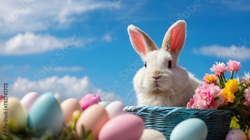 A fluffy white bunny with floppy ears and a colorful Easter basket filled with pastel eggs, surrounded by blooming flowers and a bright blue sky.
