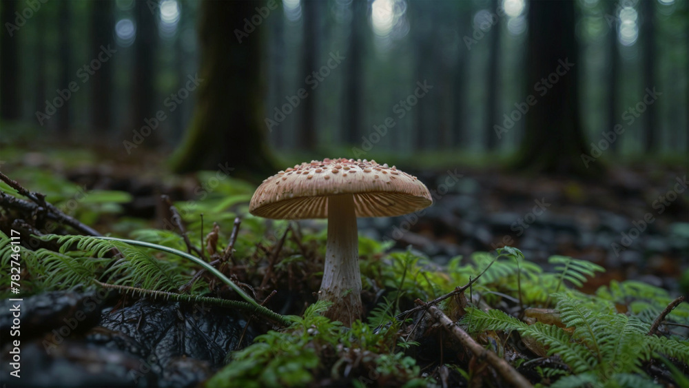 Fototapeta premium A mushroom with a brown cap and white dots stands in the middle of a forest floor covered in green