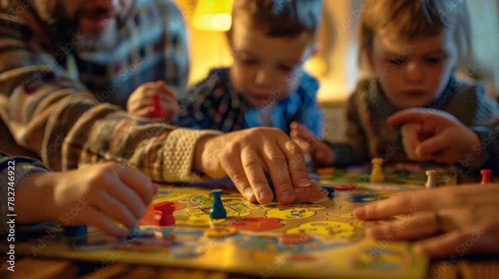 Family playing board game at home, quality time, indoor leisure activity.