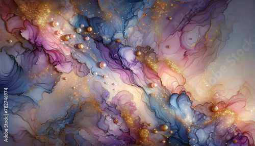 luxurious fluid art colorful gradient deep tones with gold accents and pearl embellishments for background, banner in luxury style.