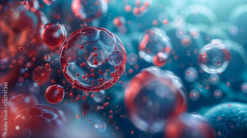 Illustration of a group of red and blue cells virus floating against a blue background.