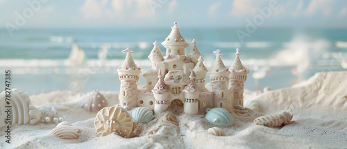 A sand castle is built on a beach with shells scattered around it. The castle is decorated with a lot of detail and looks like a real castle. The beach is calm and peaceful