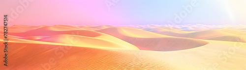 A desert landscape with a pink and blue sky. The sky is very light and the sand is very light