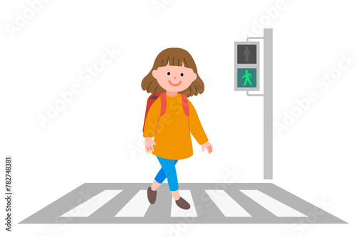 交通安全　横断歩道をわたる小学生女子のイラスト素材